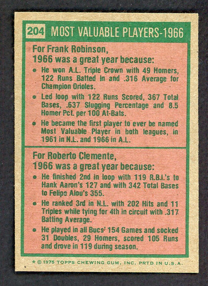 1975 Topps Baseball #204 Roberto Clemente Frank Robinson EX-MT 556562