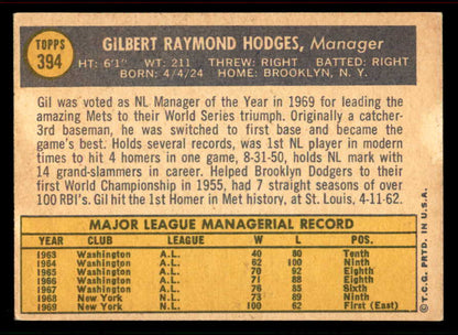 1970 Topps Baseball #394 Gil Hodges Mets EX+/EX-MT 556567