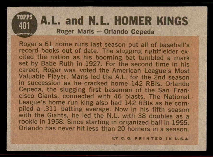 1962 Topps Baseball #401 Roger Maris Orlando Cepeda EX 556568