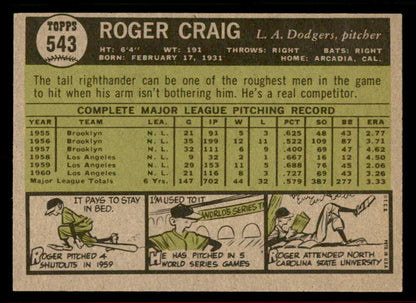 1961 Topps Baseball #543 Roger Craig Dodgers EX-MT 556569