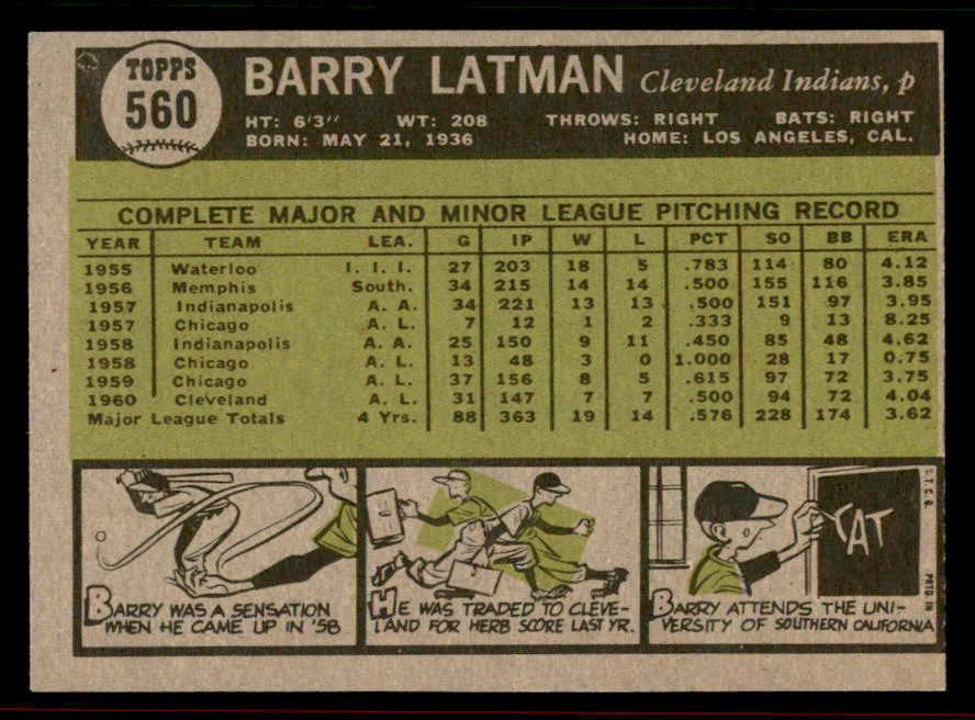 1961 Topps Baseball #560 Barry Latman Indians NR-MT 556573