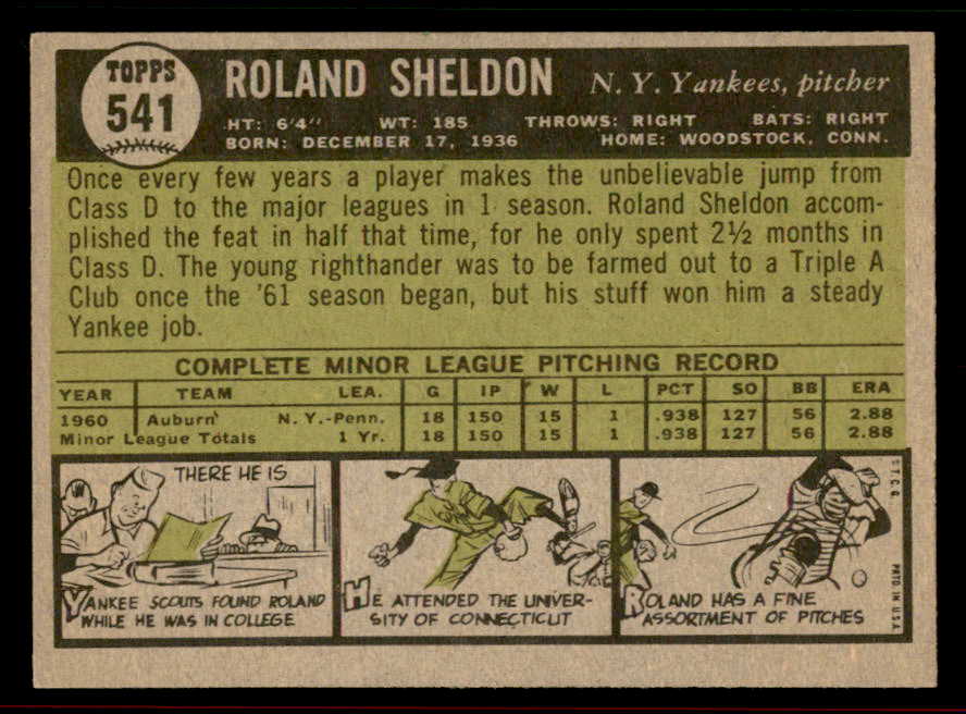 1961 Topps Baseball #541 Roland Sheldon Yankees EX-MT 556575