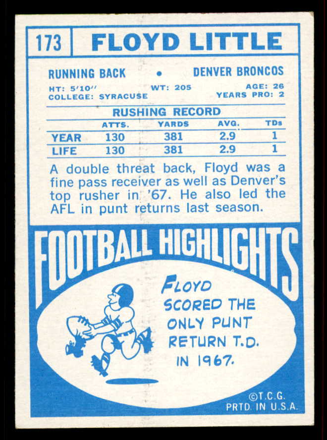 1968 Topps Football #173 Floyd Little Broncos EX-MT 556587