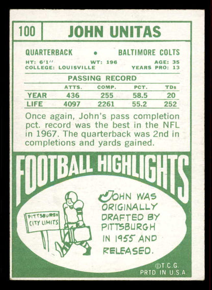 1968 Topps Football #100 John Unitas Colts EX+/EX-MT 556588