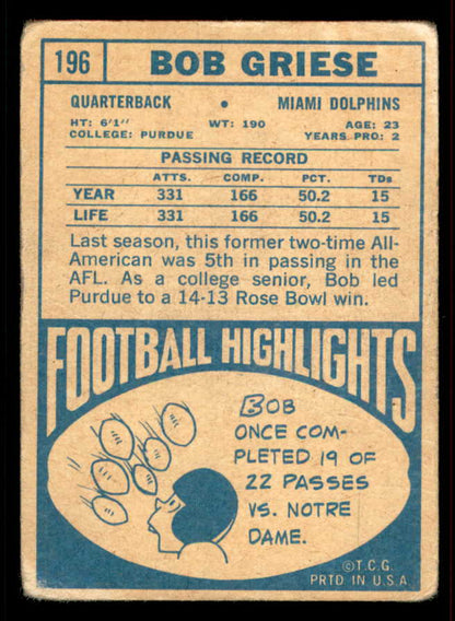 1968 Topps Football #196 Bob Griese Dolphins Fair 556591