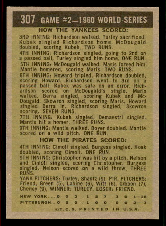 1961 Topps Baseball #307 World Series Game 2 Mickey Mantle NR-MT 556594