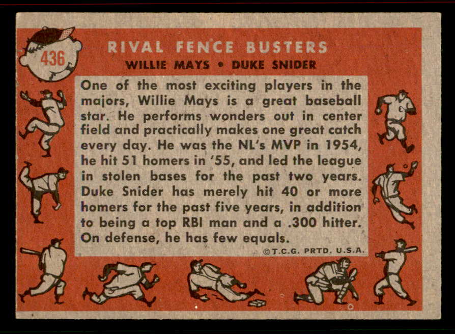 1958 Topps Baseball #436 Willie Mays Duke Snider VG-EX 556621