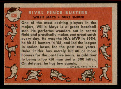 1958 Topps Baseball #436 Willie Mays Duke Snider VG-EX 556621