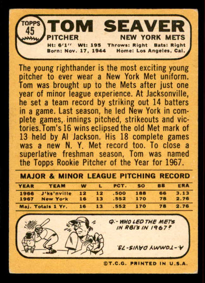 1968 Topps Baseball #045 Tom Seaver Mets EX 556643