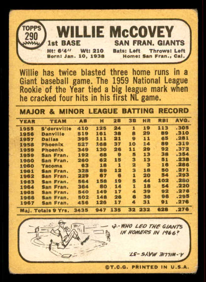 1968 Topps Baseball #290 Willie McCovey Giants VG 556645