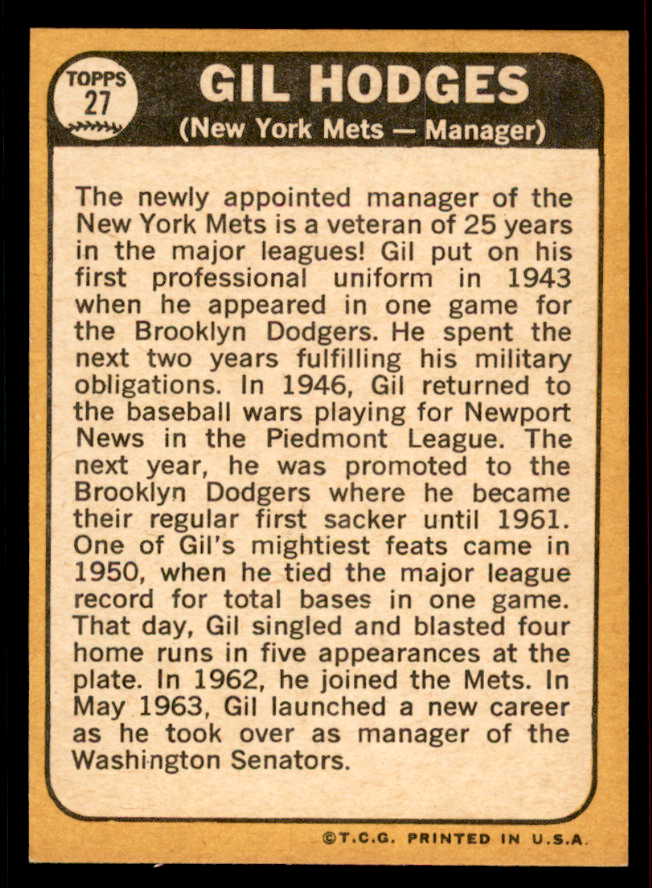 1968 Topps Baseball #027 Gil Hodges Mets EX-MT 556646