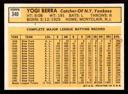 1963 Topps Baseball #340 Yogi Berra Yankees EX-MT 556651