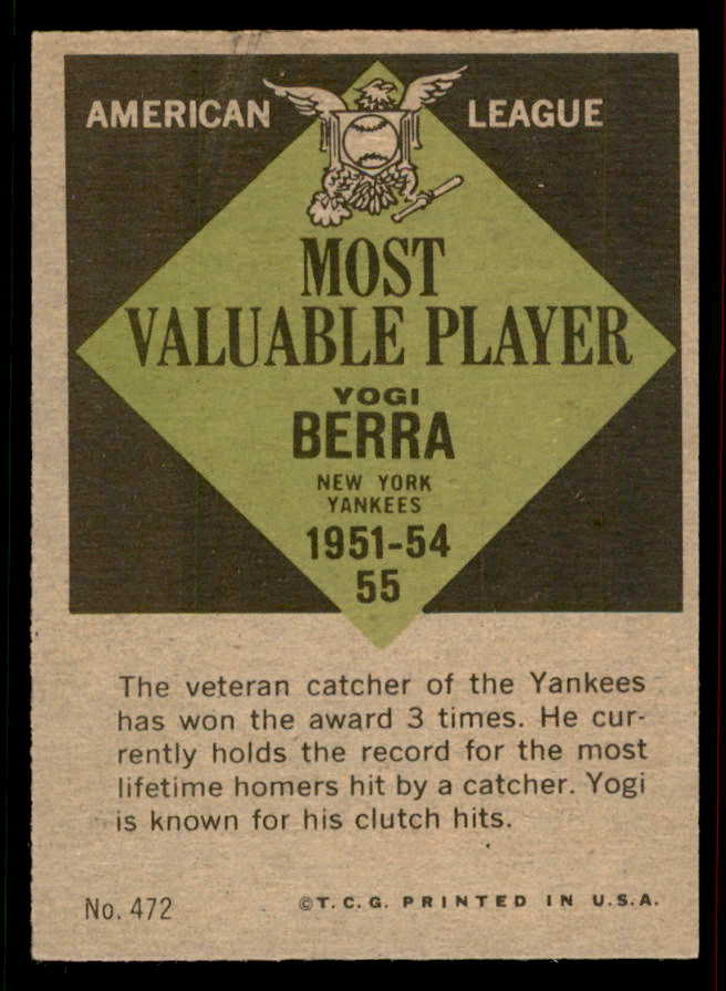 1961 Topps Baseball #472 Yogi Berra MVP Yankees NR-MT 556657