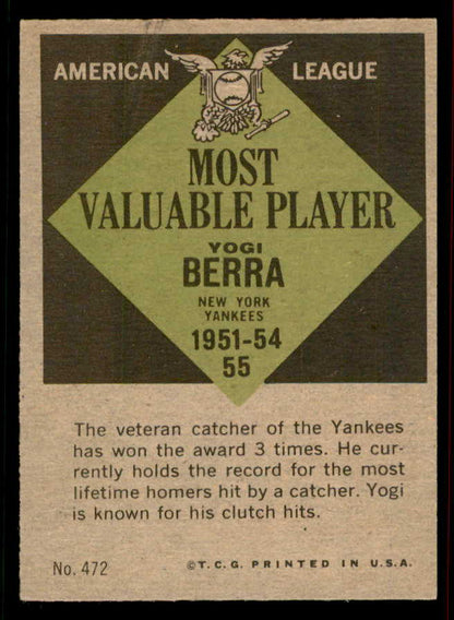 1961 Topps Baseball #472 Yogi Berra MVP Yankees NR-MT 556657