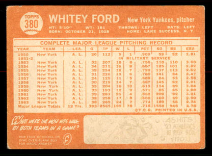 1964 Topps Baseball #380 Whitey Ford Yankees VG-EX 556661