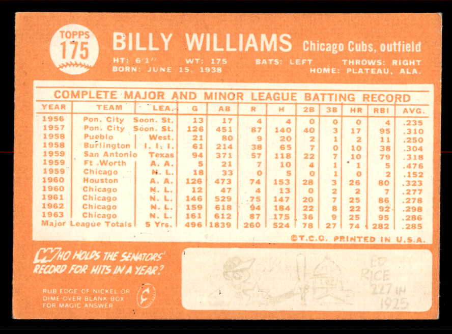 1964 Topps Baseball #175 Billy Williams Cubs EX+/EX-MT 556664