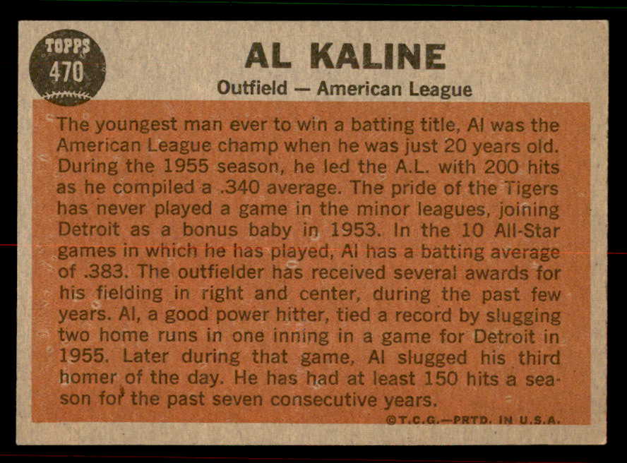 1962 Topps Baseball #470 Al Kaline A.S. Tigers EX-MT 556668