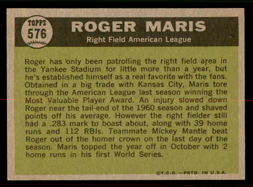 1961 Topps Baseball #576 Roger Maris A.S. Yankees NR-MT 556675