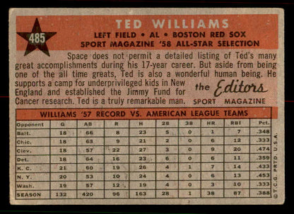1958 Topps Baseball #485 Ted Williams A.S. Red Sox VG-EX 556685