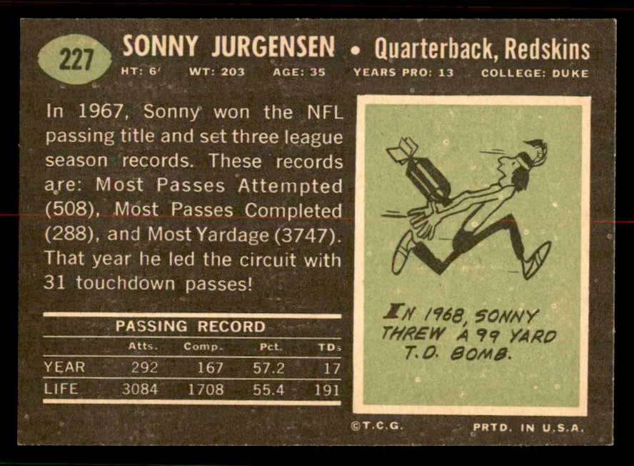 1969 Topps Football #227 Sonny Jurgensen Washington EX-MT 556692