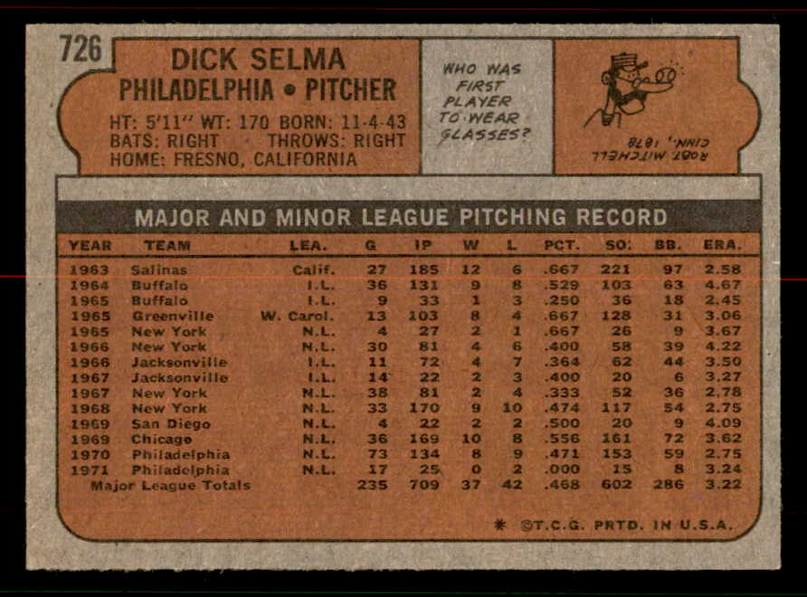 1972 Topps Baseball #726 Dick Selma Phillies NR-MT 556714
