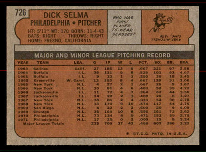 1972 Topps Baseball #726 Dick Selma Phillies NR-MT 556714