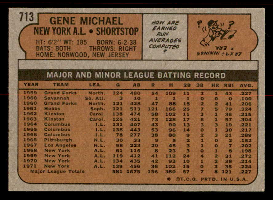 1972 Topps Baseball #713 Gene Michael Yankees NR-MT 556720