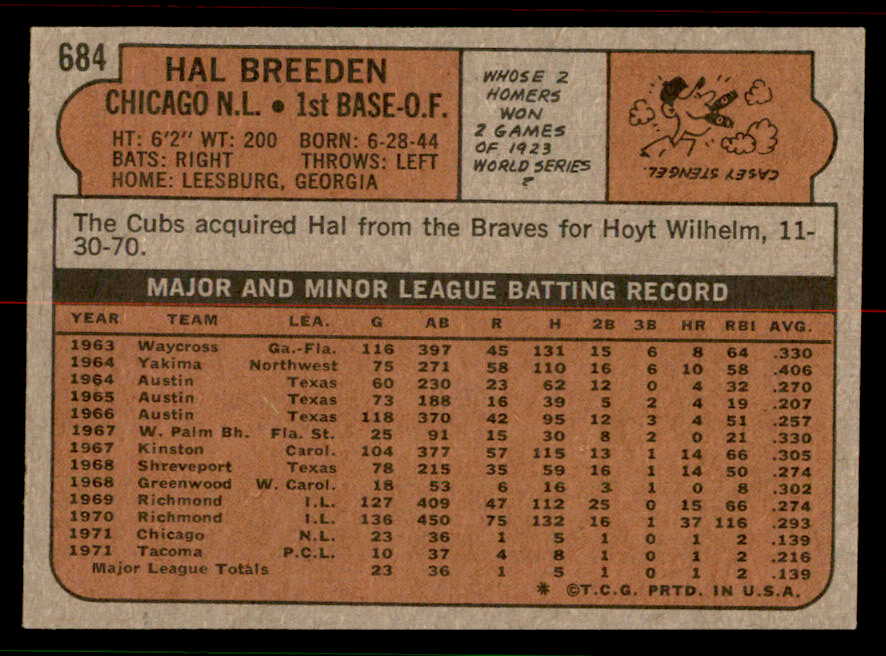 1972 Topps Baseball #684 Hal Breeden Cubs NR-MT 556726