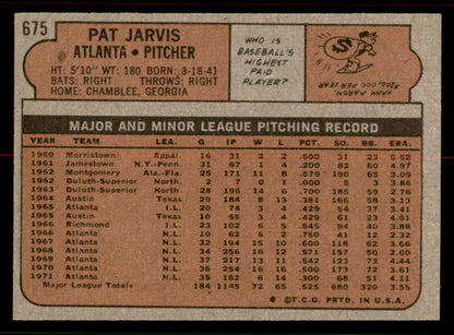 1972 Topps Baseball #675 Pat Jarvis Braves NR-MT 556734