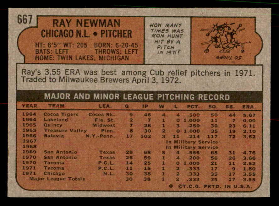 1972 Topps Baseball #667 Ray Newman Cubs NR-MT 556740