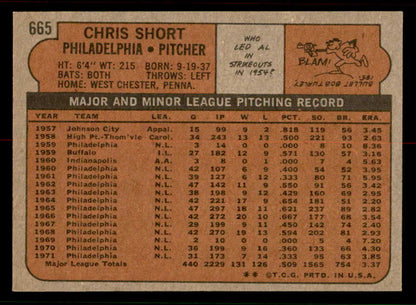 1972 Topps Baseball #665 Chris Short Phillies NR-MT 556741
