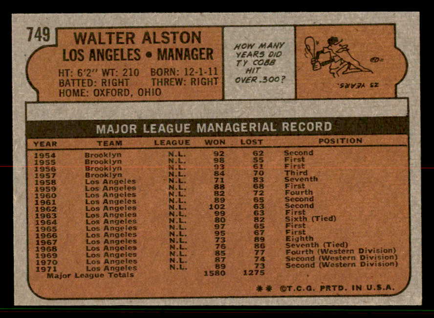 1972 Topps Baseball #749 Walter Alston Dodgers NR-MT 556764