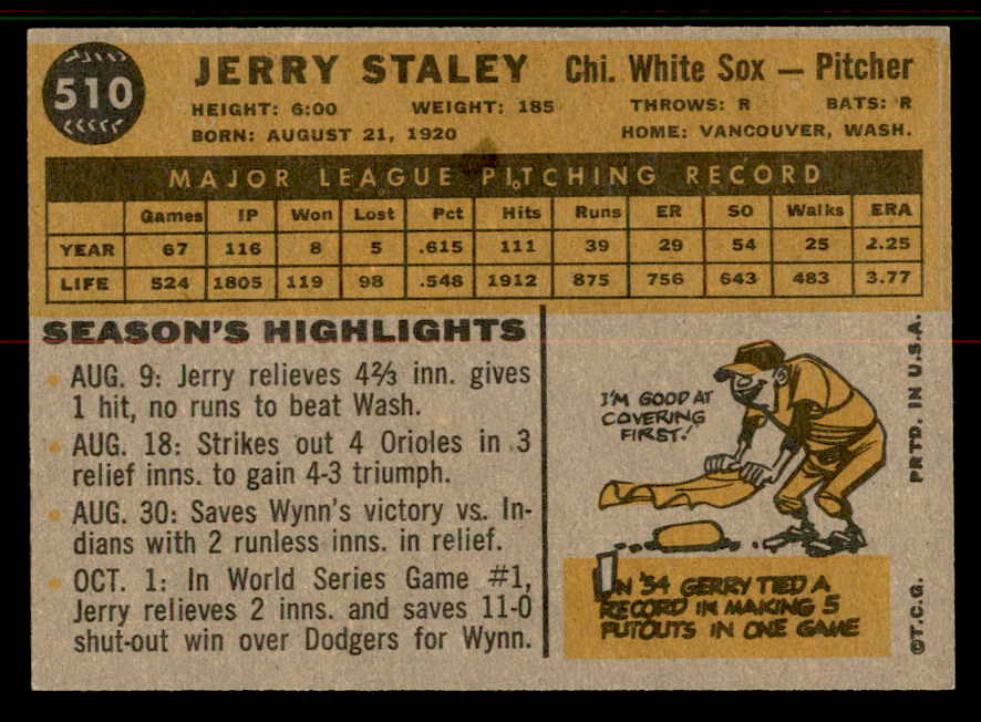 1960 Topps Baseball #510 Jerry Staley White Sox EX 556766