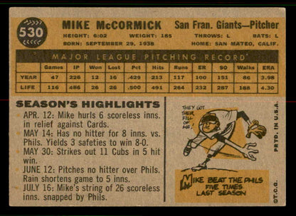 1960 Topps Baseball #530 Mike McCormick Giants VG-EX 556769