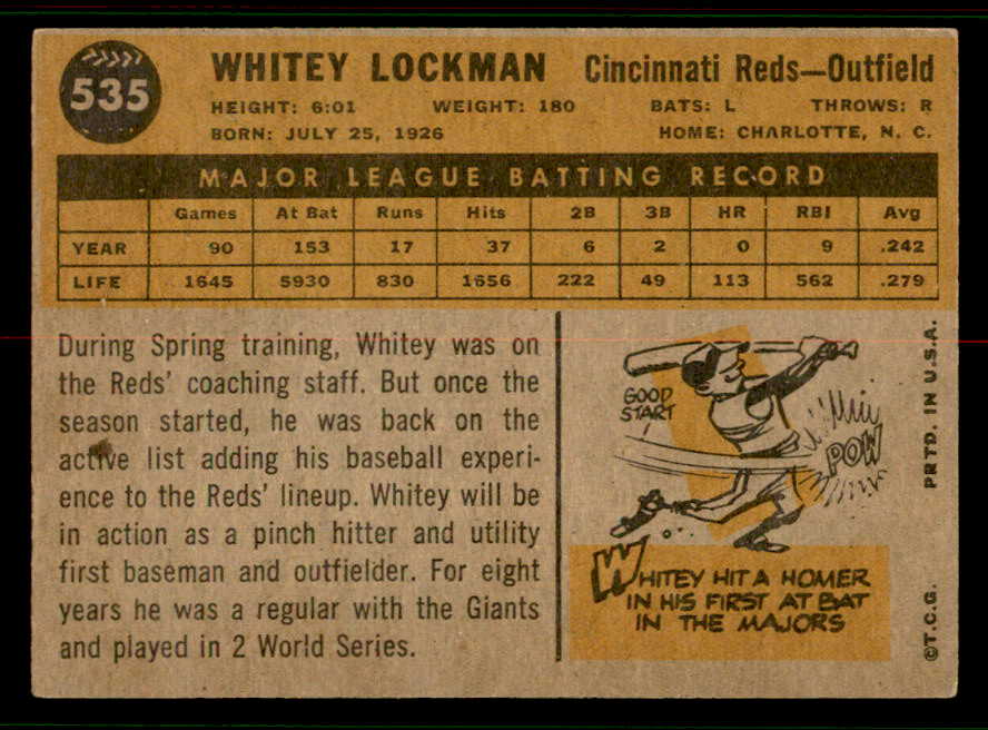 1960 Topps Baseball #535 Whitey Lockman Reds VG-EX 556772