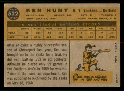 1960 Topps Baseball #522 Ken Hunt Yankees EX+/EX-MT 556774