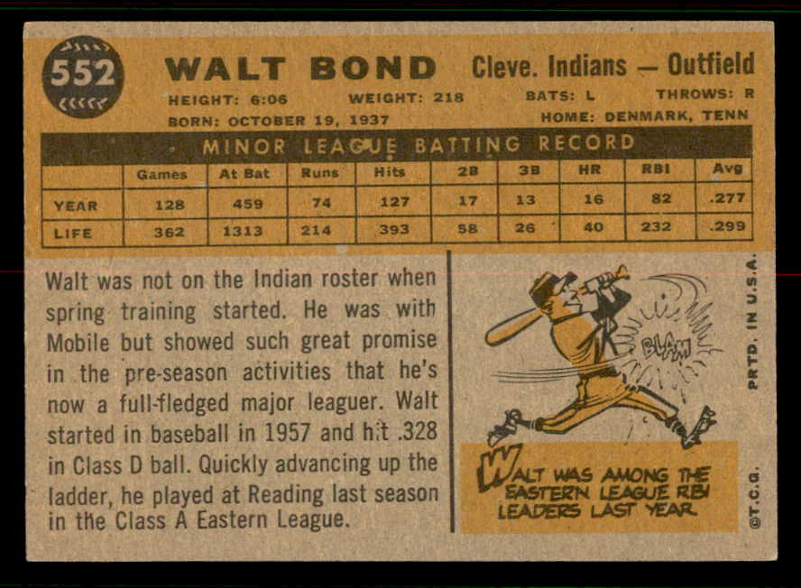 1960 Topps Baseball #552 Walt Bond Indians EX+/EX-MT 556778