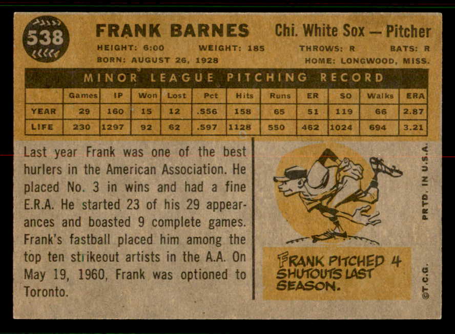 1960 Topps Baseball #538 Frank Barnes White Sox EX-MT 556779