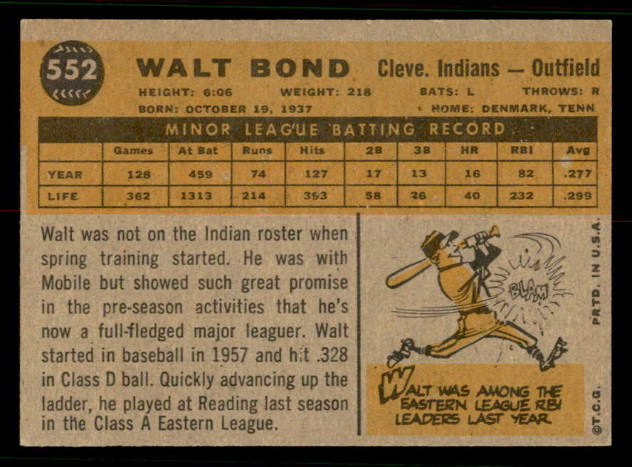 1960 Topps Baseball #552 Walt Bond Indians EX-MT 556780