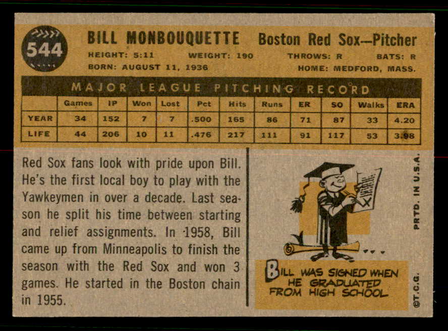 1960 Topps Baseball #544 Bill Monbouquette Red Sox EX-MT 556782