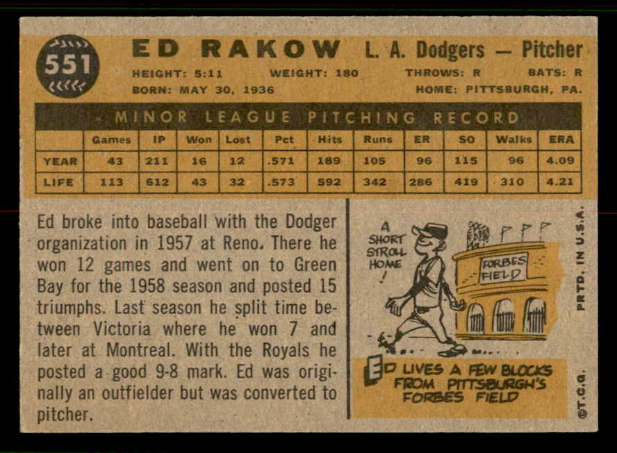 1960 Topps Baseball #551 Ed Rakow Dodgers EX-MT 556783