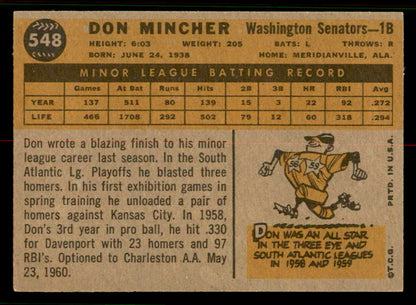 1960 Topps Baseball #548 Don Mincher Senators EX-MT 556792