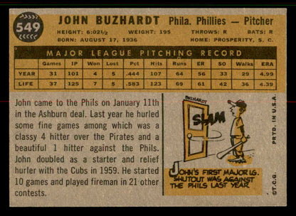 1960 Topps Baseball #549 John Buzhardt Phillies EX-MT 556793