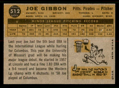 1960 Topps Baseball #512 Joe Gibbon Pirates EX-MT 556796
