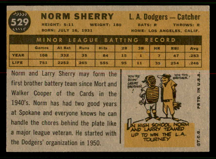 1960 Topps Baseball #529 Norm Sherry Dodgers EX-MT 556799