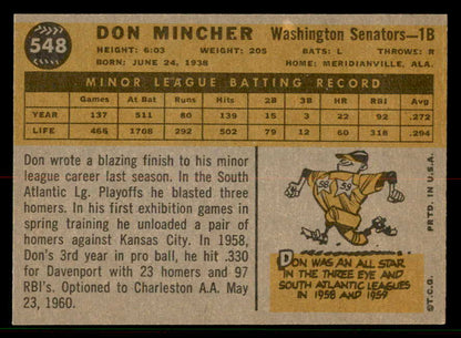 1960 Topps Baseball #548 Don Mincher Senators EX 556803