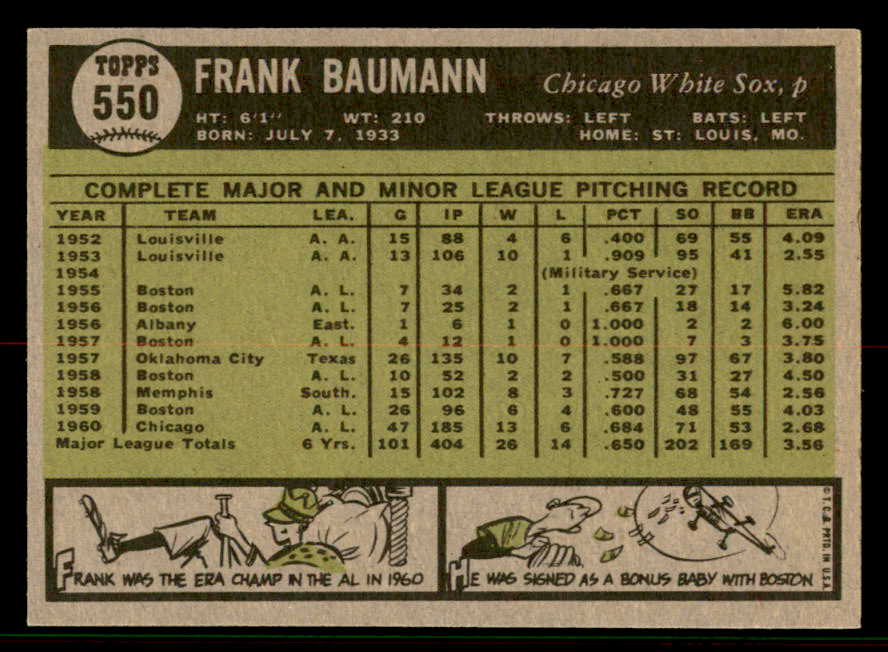 1961 Topps Baseball #550 Frank Baumann White Sox EX-MT 556811
