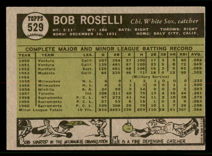 1961 Topps Baseball #529 Bob Roselli White Sox EX-MT 556817