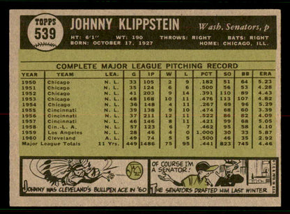 1961 Topps Baseball #539 Johnny Klippstein Senators EX-MT 556818