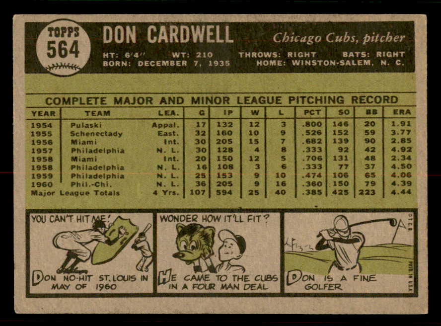1961 Topps Baseball #564 Don Cardwell Cubs EX 556824